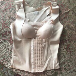 GOOD SHAPE: BEIGE  SPANDEX LONG WAISTED BRA WITH FRONT CVLOSURE SIZE LARGE